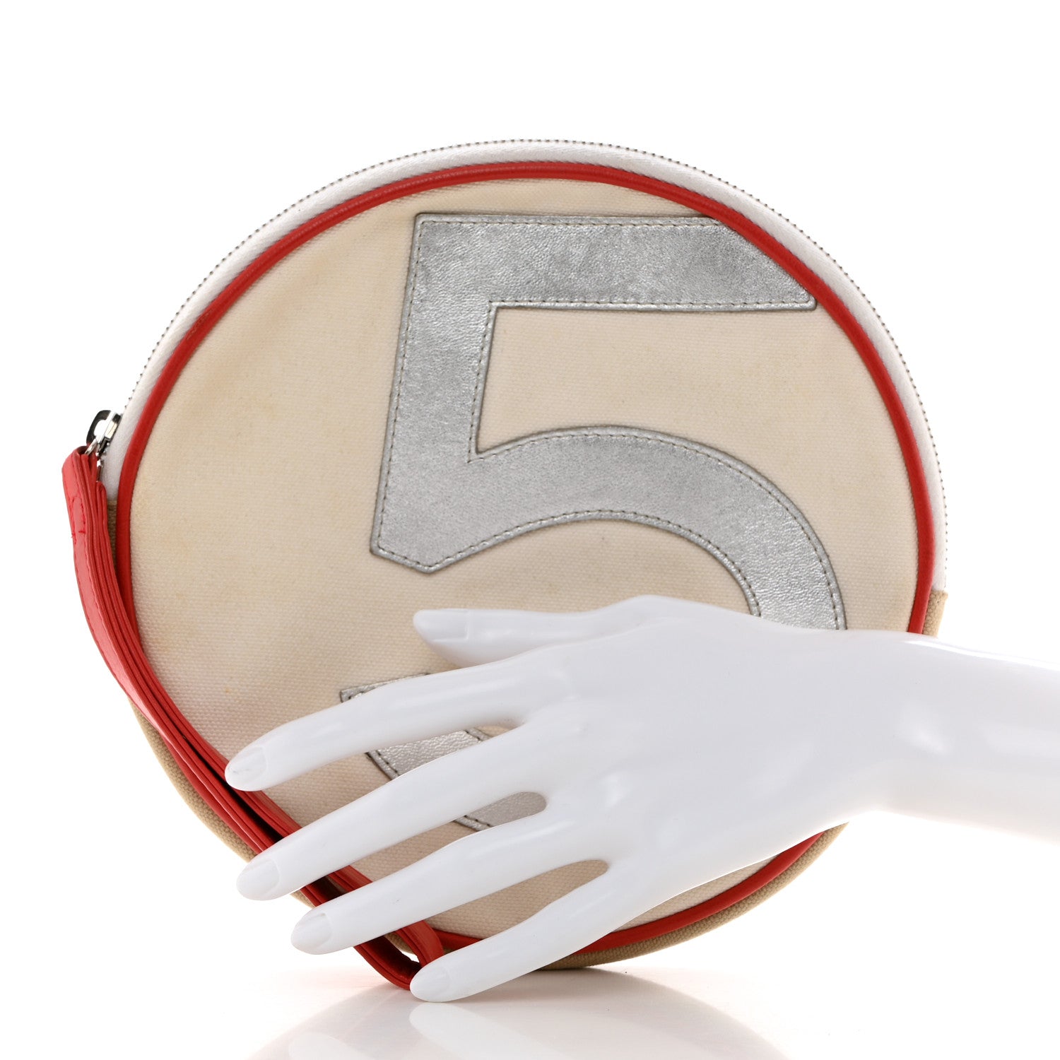 Chanel Canvas Metallic Calfskin N°5 Round Wristlet Clutch Beige Red Blue 2 of 10