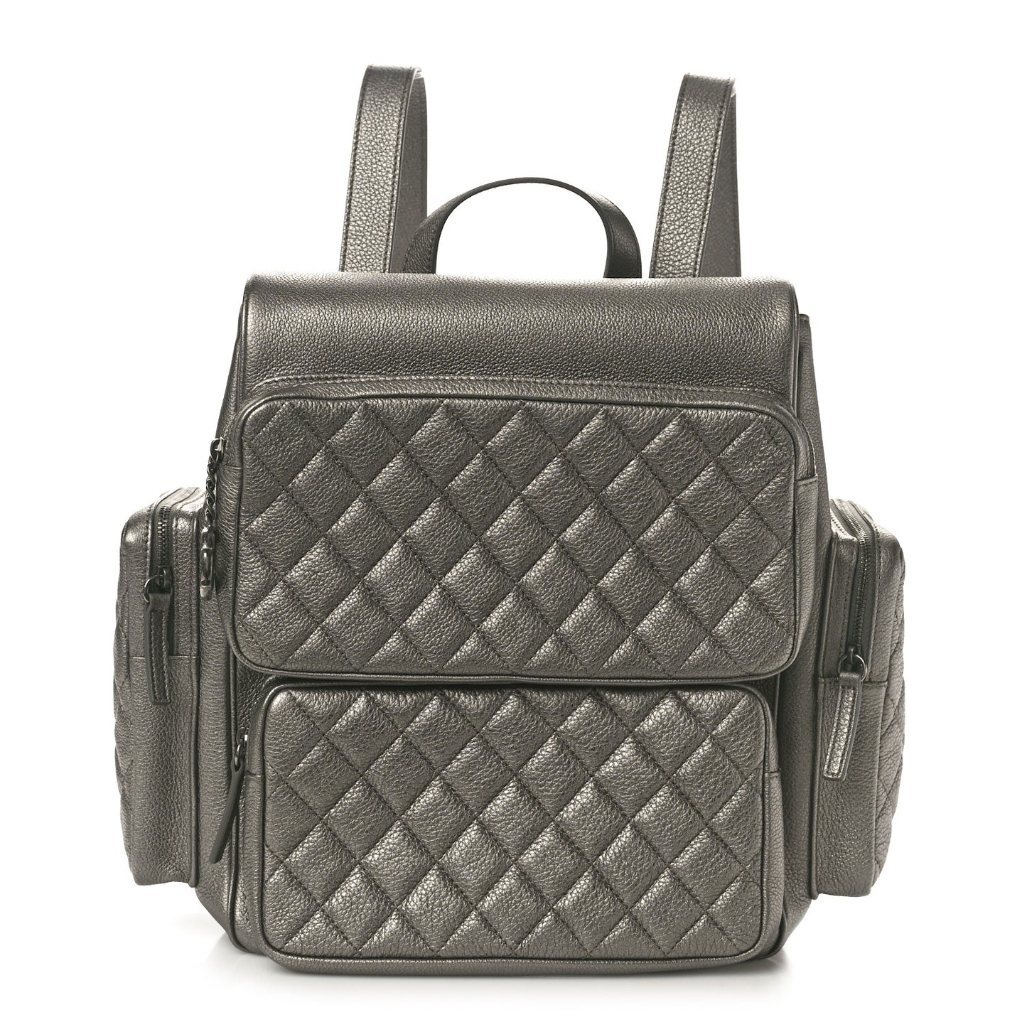 Metallic Grained Calfskin Quilted Large Casual Rock Backpack Charcoal