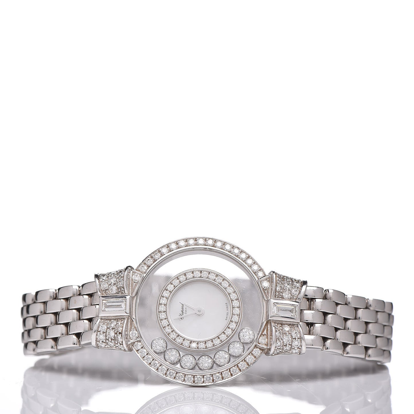 18K White Gold Diamond Pave Bezel 24mm Happy Diamonds Icons Bow Tie Quartz Watch
