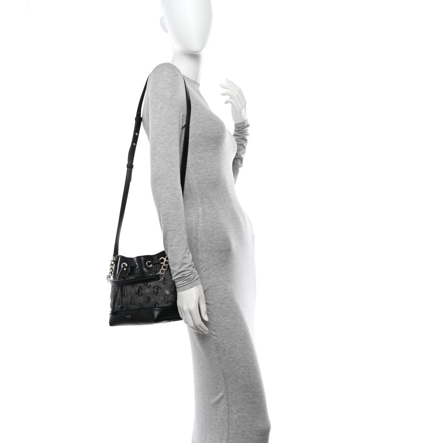 Jimmy Choo Calfskin Mesh JC Logo Juno Bucket Bag Black 2 of 10