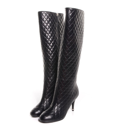 Chanel Leather Quilted CC Cap Toe Knee High Boots 38.5 Black 3 of 7