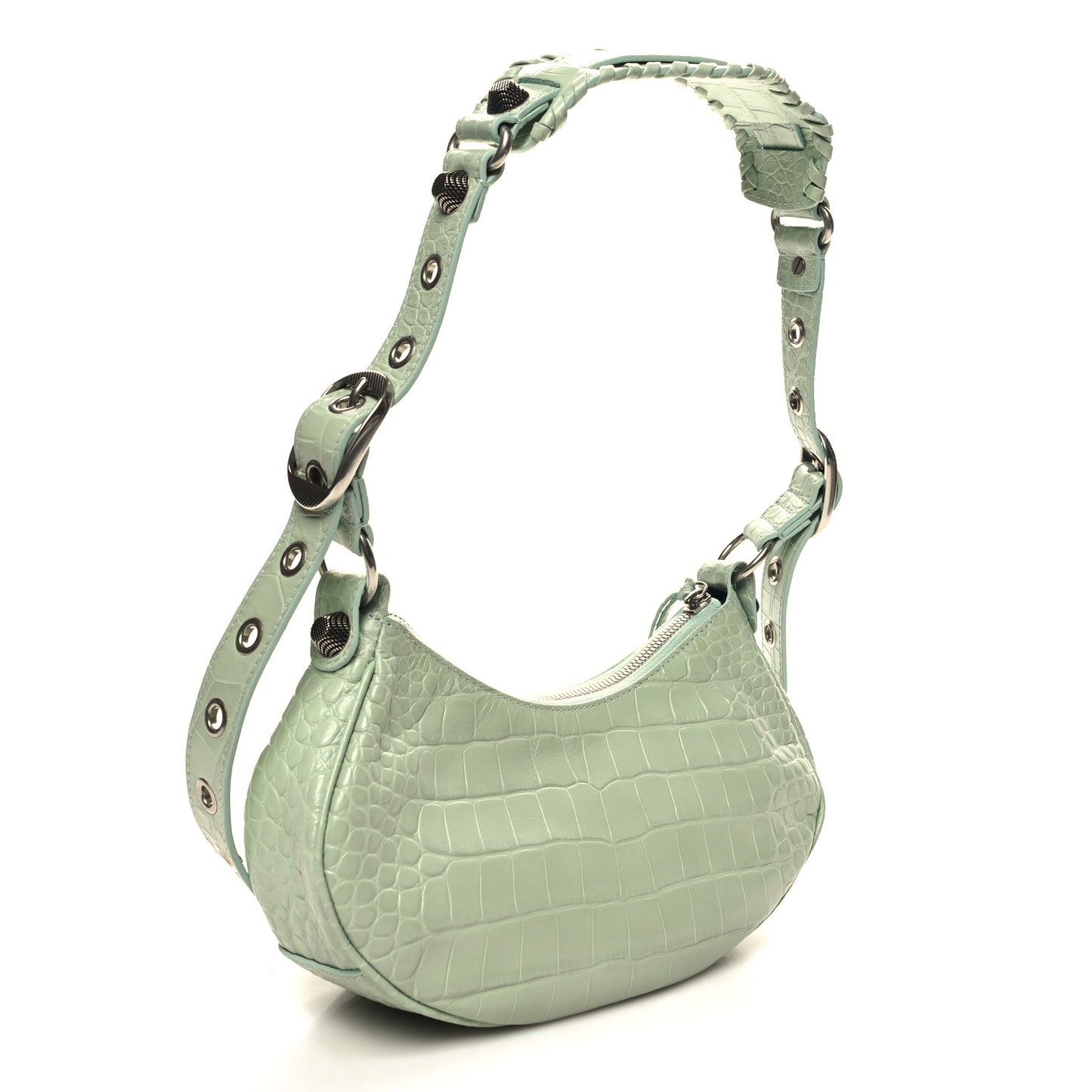 Extra Supple Calfskin Crocodile Embossed Le Cagole Shoulder Bag XS Light Green