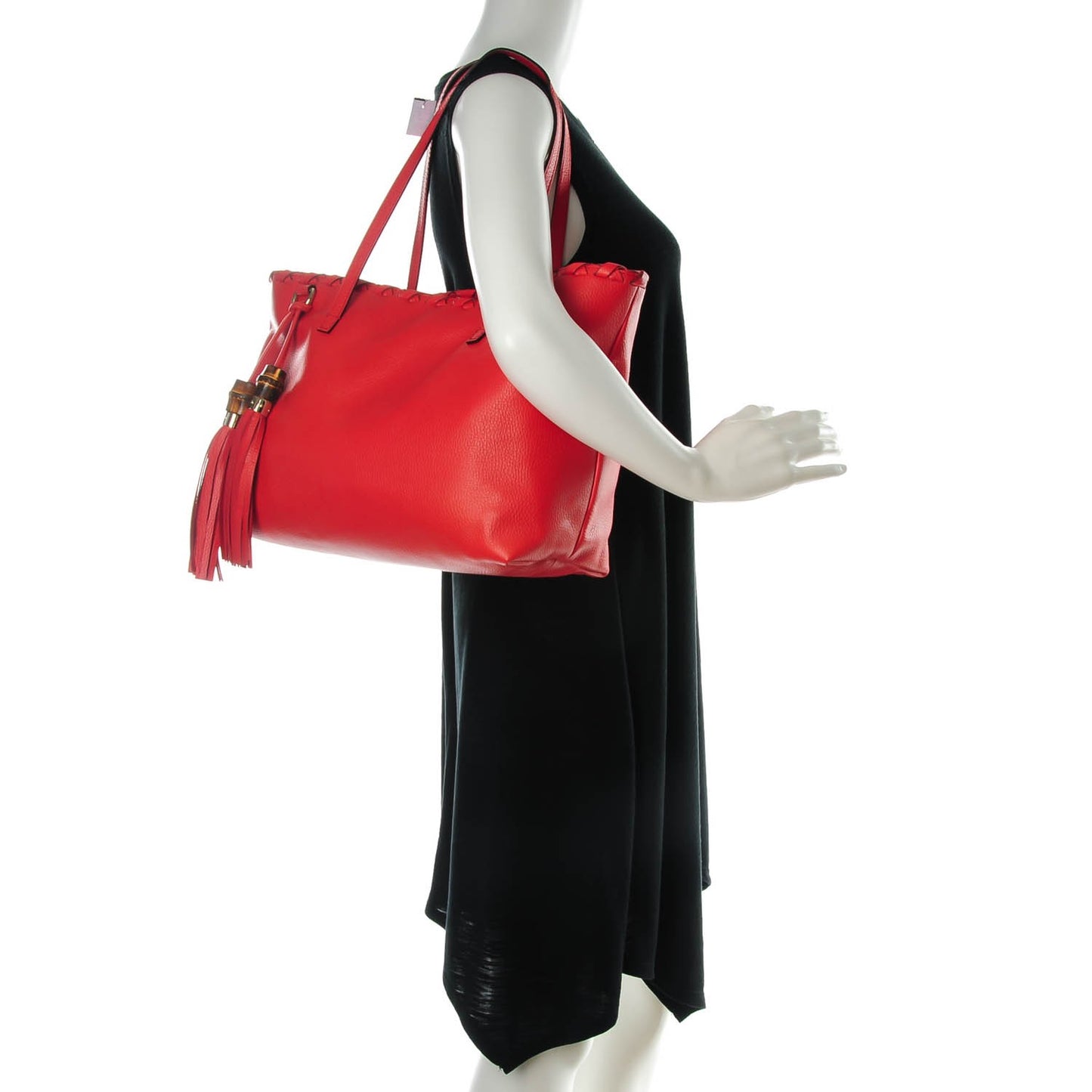 Pebbled Calfskin Bamboo Tassel Tote Red