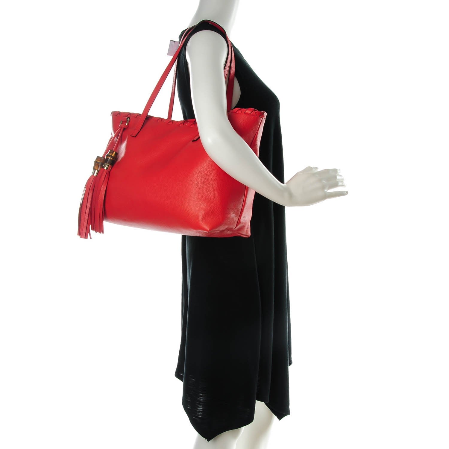 Gucci Pebbled Calfskin Bamboo Tassel Tote Red 2 of 7