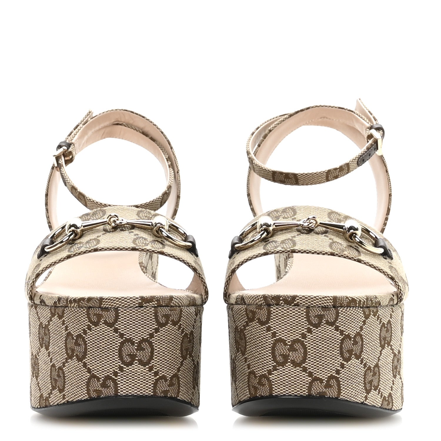 Gucci Monogram Nappa Chalotte Horsebit Ankle Strap 75mm Flatform Sandals 37.5 Beige Ebony 3 of 8