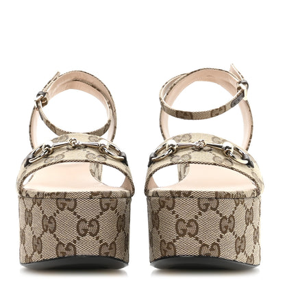 Gucci Monogram Nappa Chalotte Horsebit Ankle Strap 75mm Flatform Sandals 37.5 Beige Ebony 3 of 8