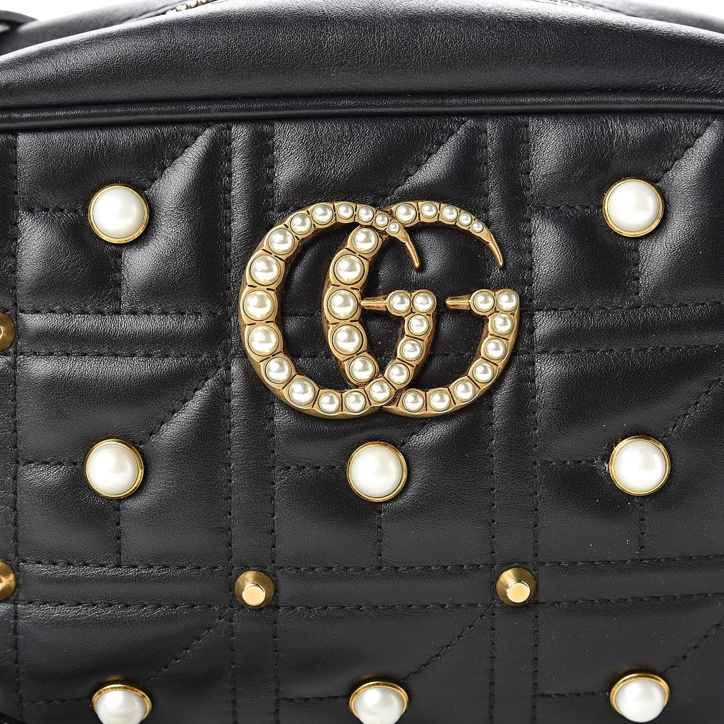 Calfskin Matelasse Studded Small Pearly GG Marmont Chain Shoulder Bag Black
