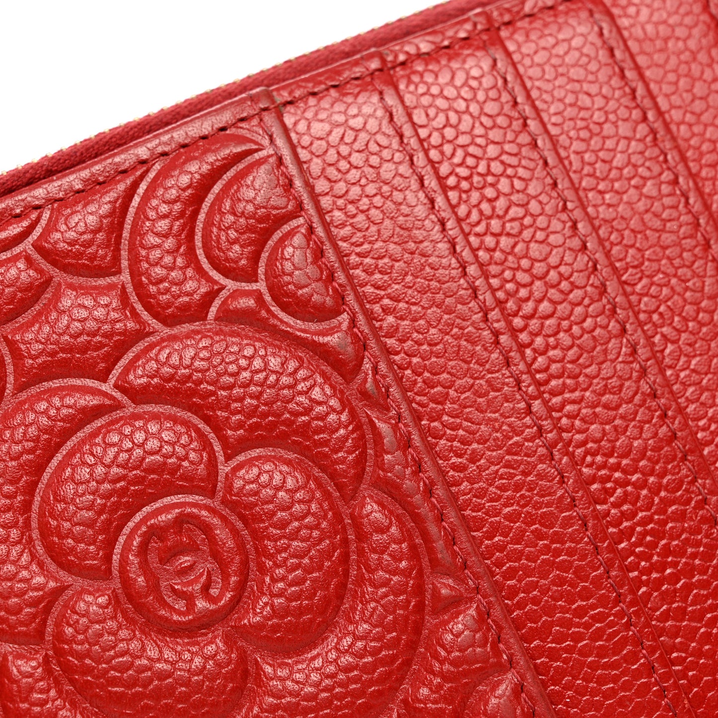 Caviar Camellia Embossed Classic Flat Wallet Pouch Red