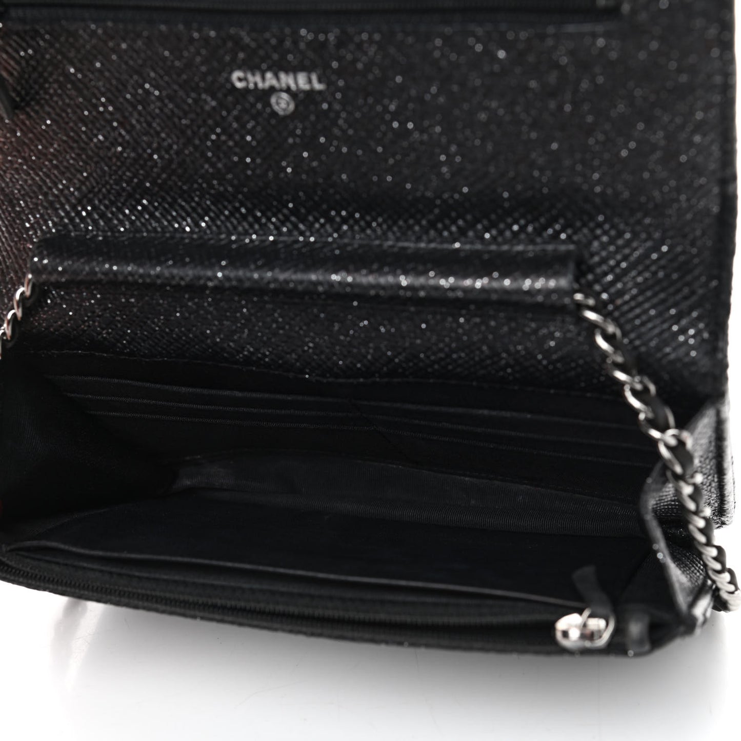 Glitter Calfskin Quilted Wallet on Chain WOC Black Silver