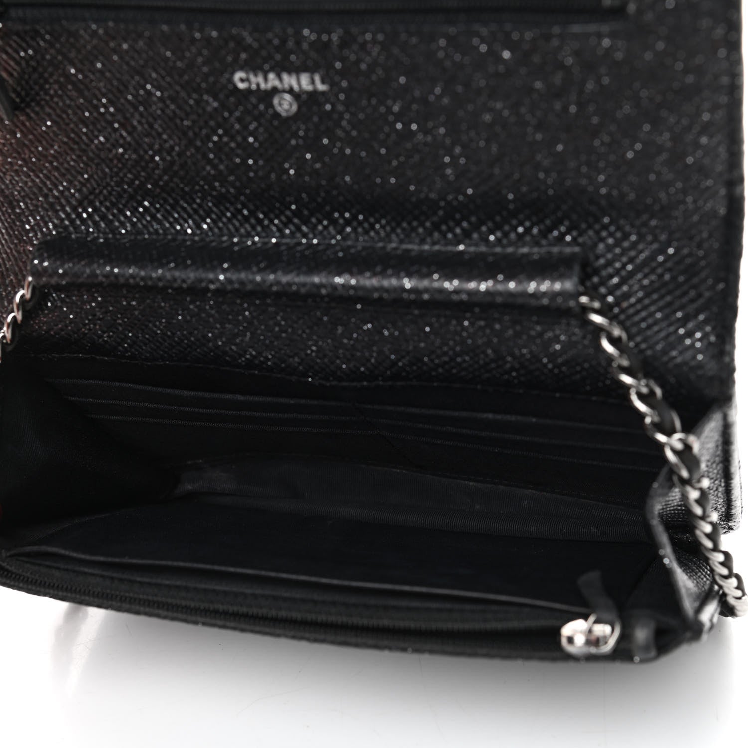Chanel Glitter Calfskin Quilted Wallet on Chain WOC Black Silver 5 of 10