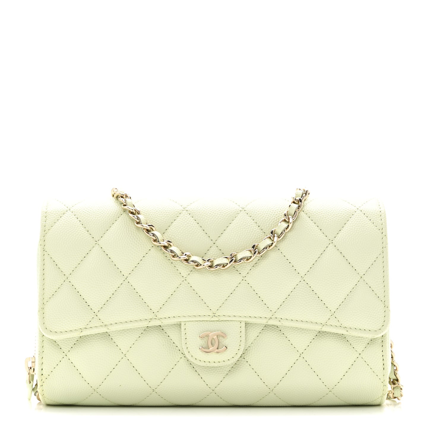 Caviar Quilted Phone Holder Wallet on Removable Chain Light Green