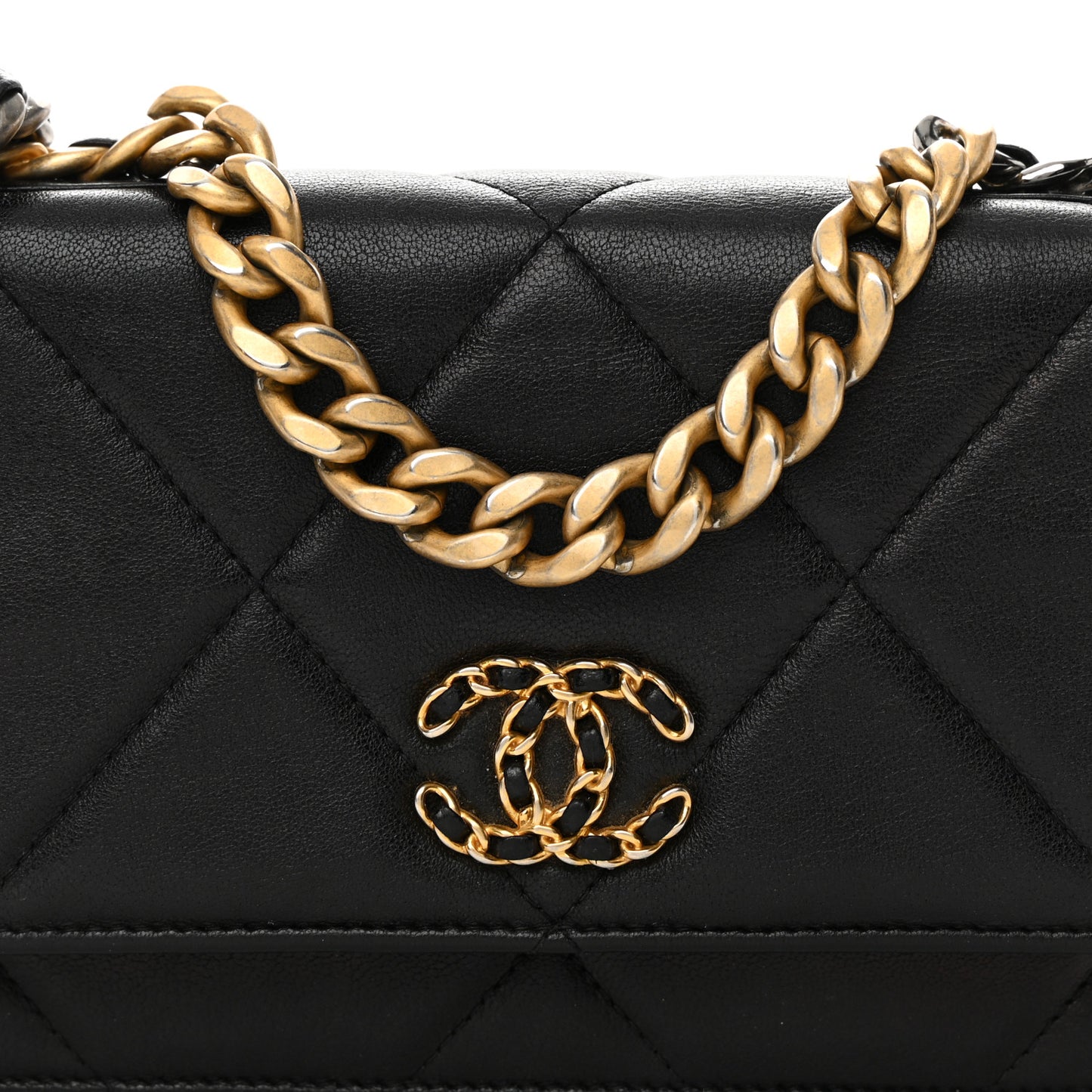 Shiny Goatskin Quilted Chanel 19 Wallet On Chain WOC Black