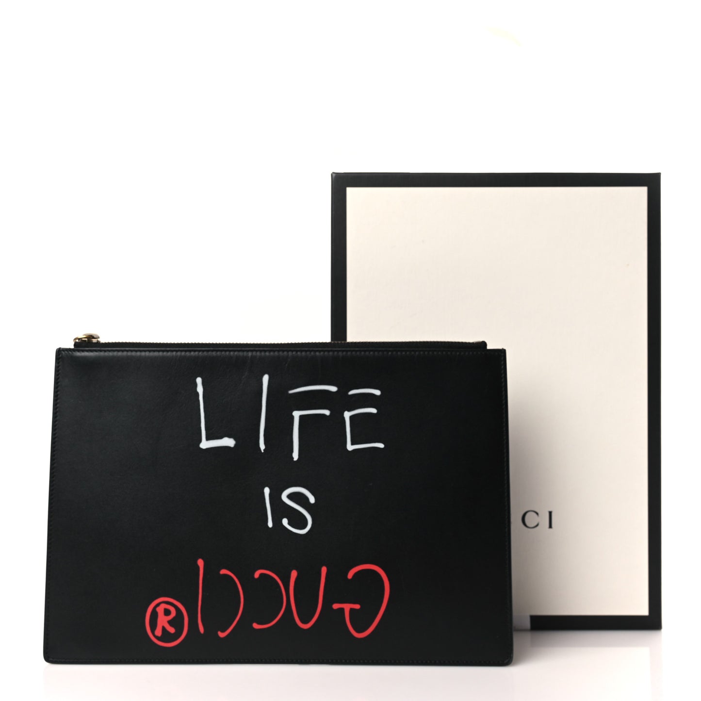 Calfskin GucciGhost Life is Gucci Zip Pouch Black