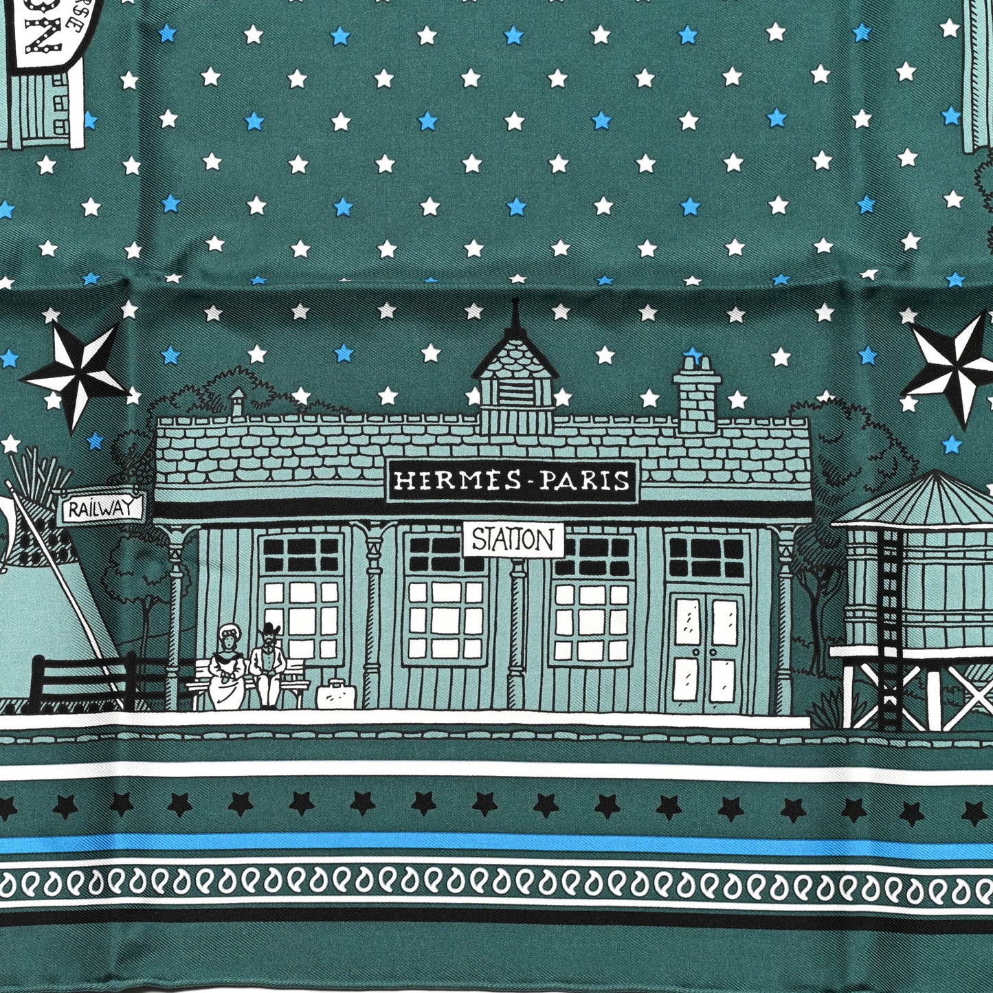 Silk Paris Station Bandana 55 Vert Cypres Bleu Azur Black