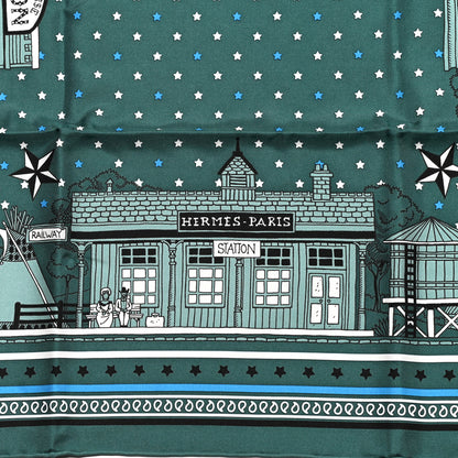 Hermes Silk Paris Station Bandana 55 Vert Cypres Bleu Azur Black 2 of 4