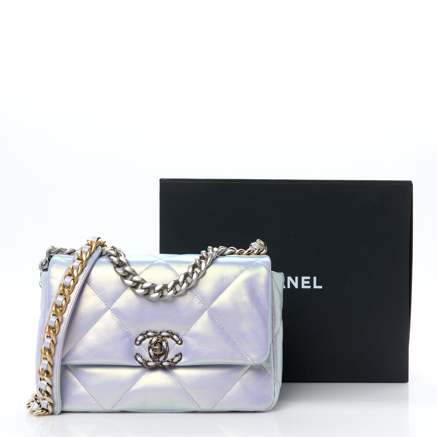 Iridescent Calfskin Quilted Medium Chanel 19 Flap Light Purple Blue