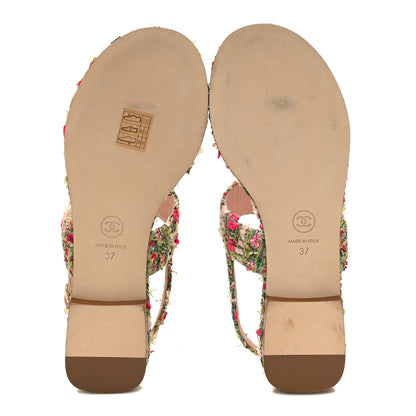 Chanel Tweed CC Logo Thong Sandals 37 Green Pink White 5 of 9