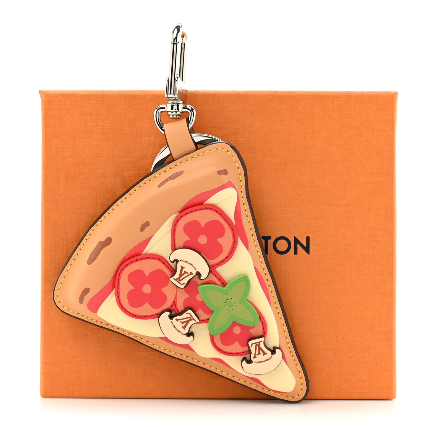 Calfskin Monogram Printed Pizza Bag Charm Key Holder