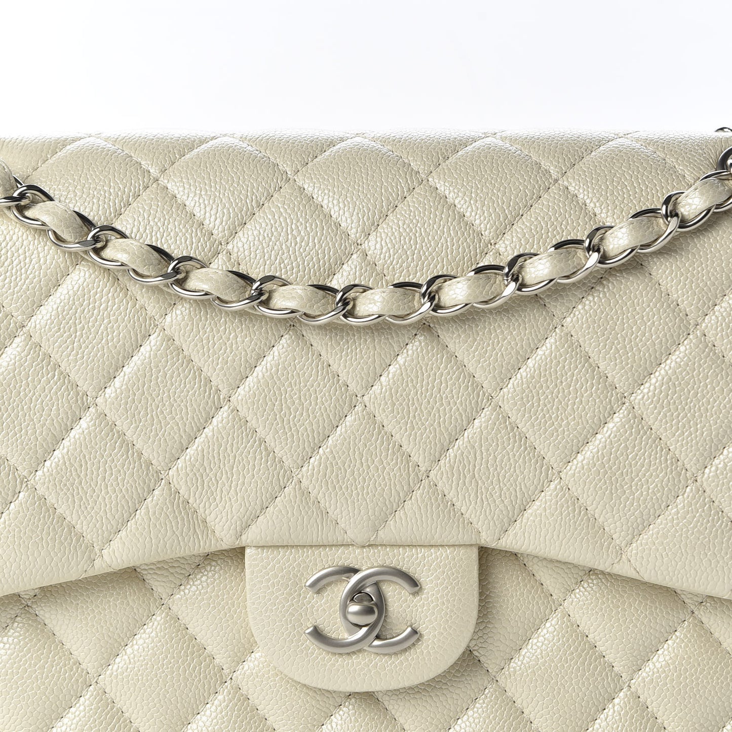 Pearly Caviar Quilted Jumbo Double Flap Dark White