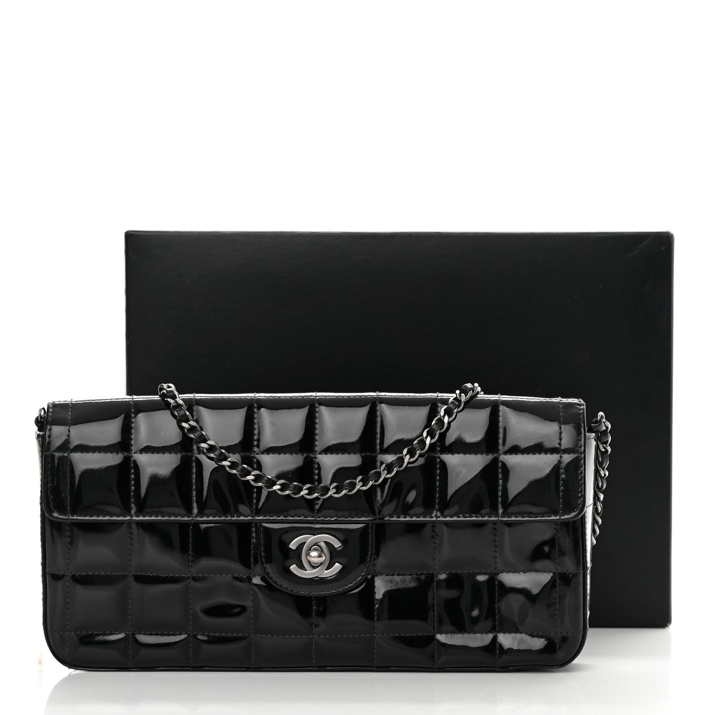 Patent Quilted East West Chocolate Bar Flap Black