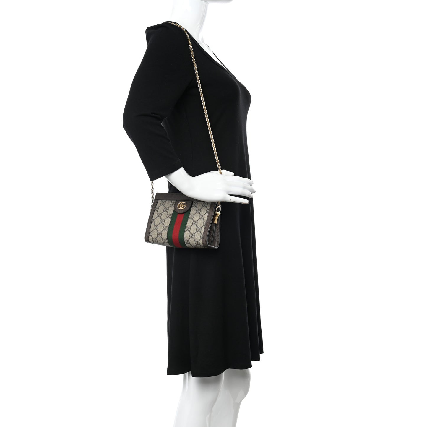 GG Supreme Monogram Textured Dollar Calfskin Web Mini Ophidia Chain Shoulder Bag Beige Ebony New Acero