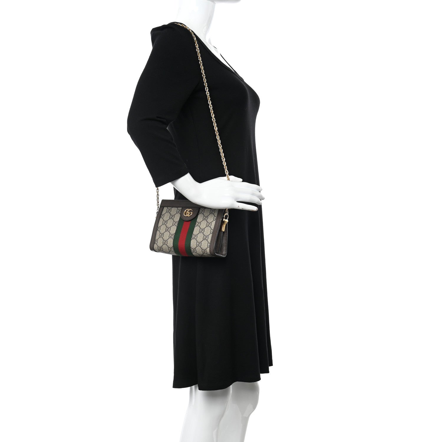 Gucci GG Supreme Monogram Textured Dollar Calfskin Web Mini Ophidia Chain Shoulder Bag Beige Ebony New Acero 2 of 11