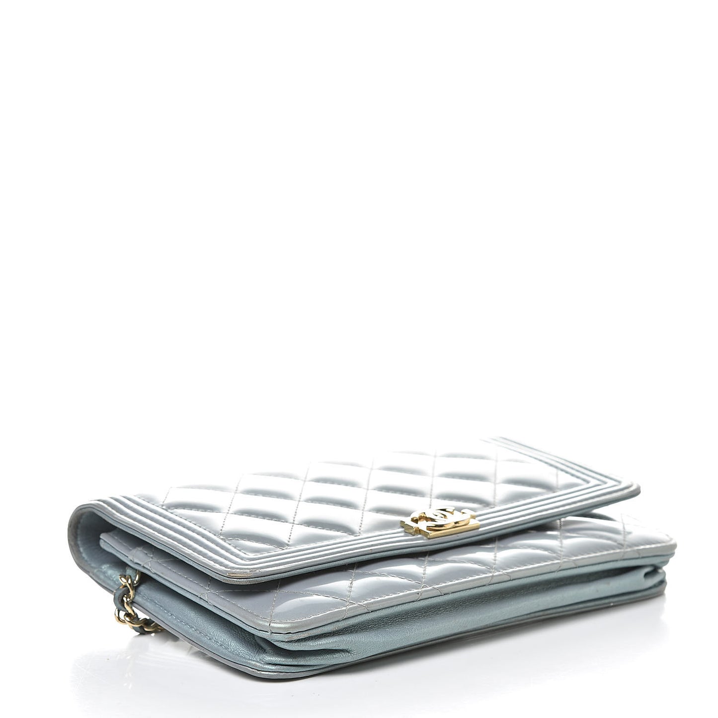 Metallic Patent Calfskin Quilted Boy Wallet on Chain WOC Light Blue