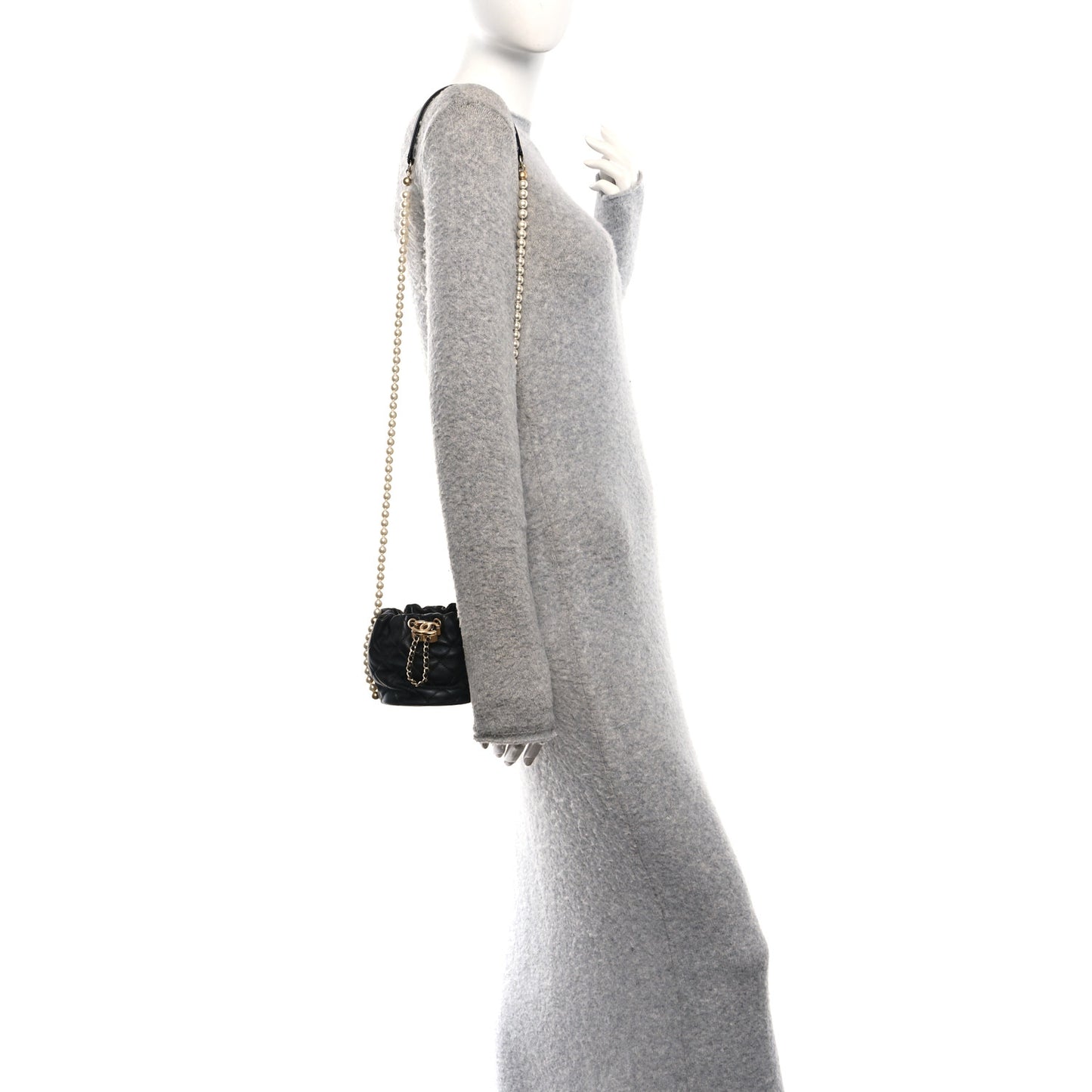 Calfskin Quilted Pearl Mini About Pearls Drawstring Bucket Bag Black