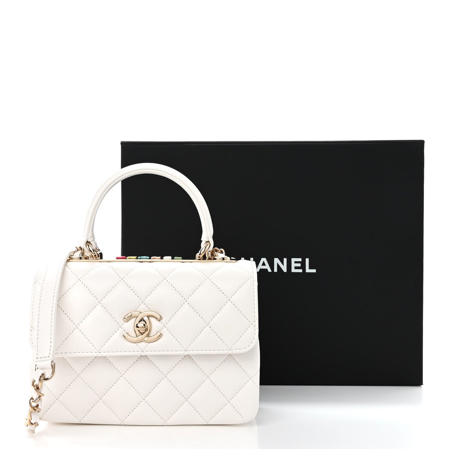 Lambskin Lacquered Quilted Mini Trendy CC Dual Handle Flap Bag White