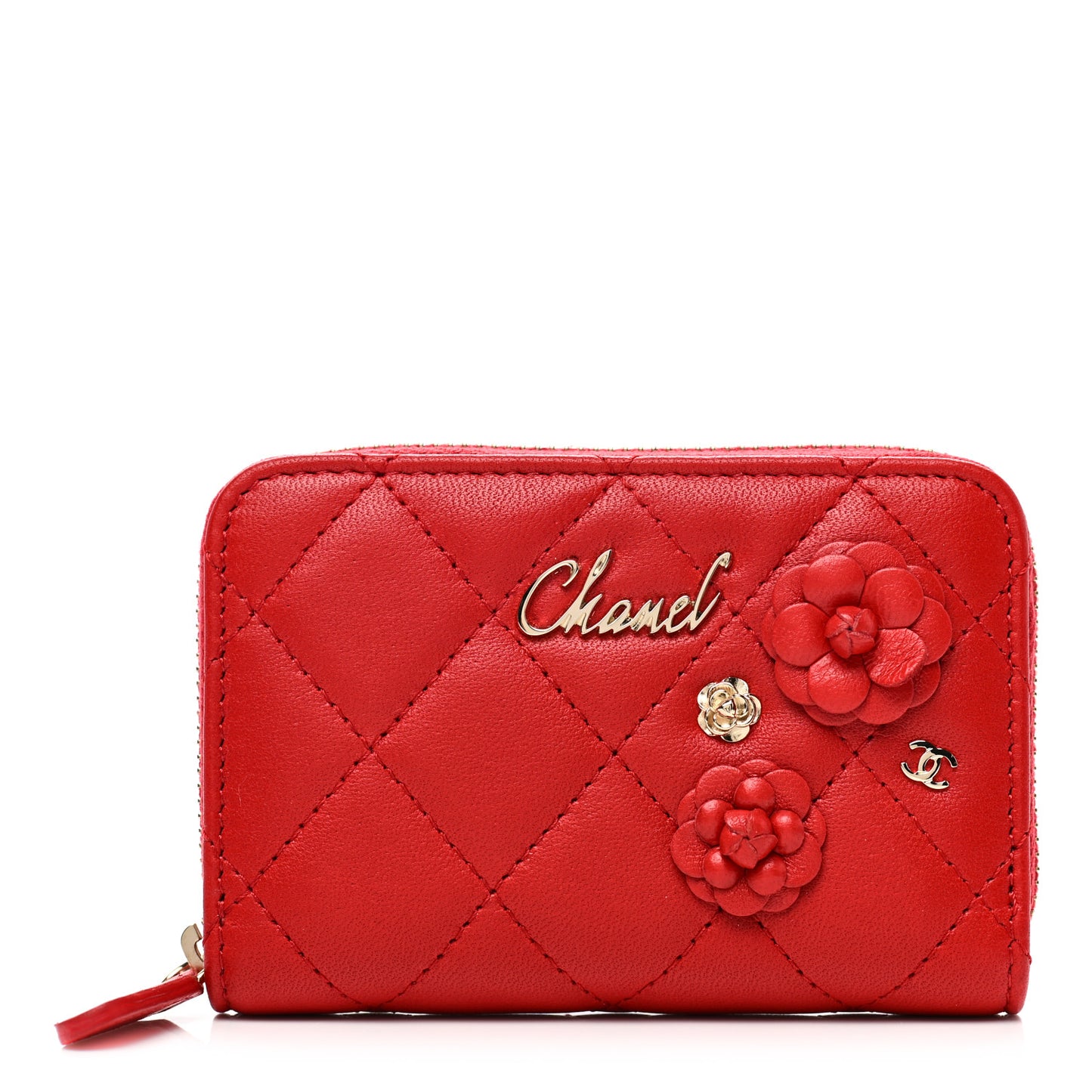 Lambskin Quilted Camellia Zip Coin Purse Red