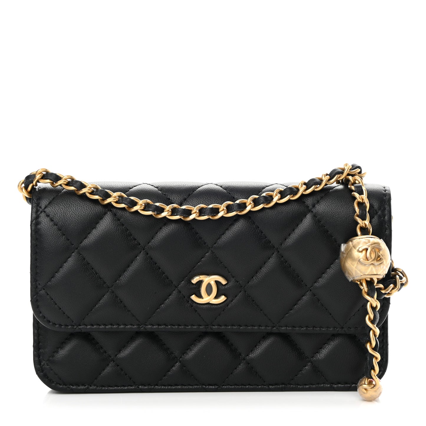 Lambskin Pearl Crush Quilted Flap Phone Holder With Chain Black