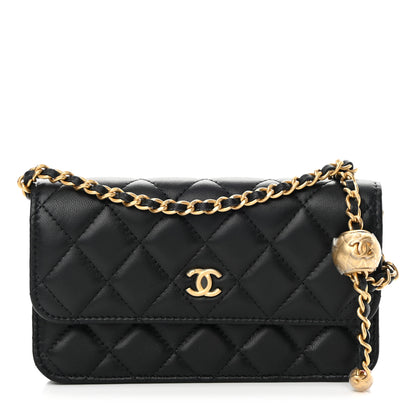 Chanel Lambskin Pearl Crush Quilted Flap Phone Holder With Chain Black 1 of 14