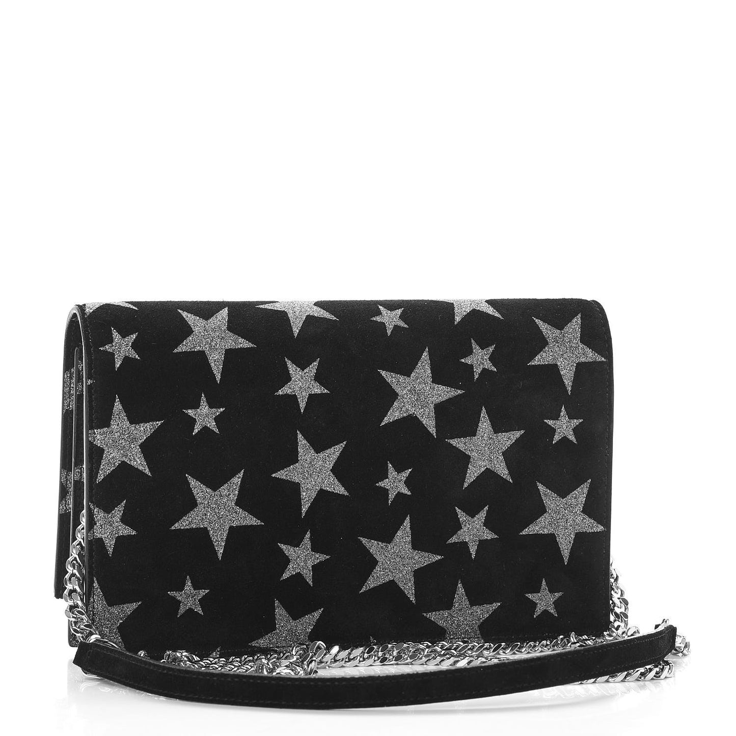 Suede Star Print Monogram Chain Wallet Black Silver