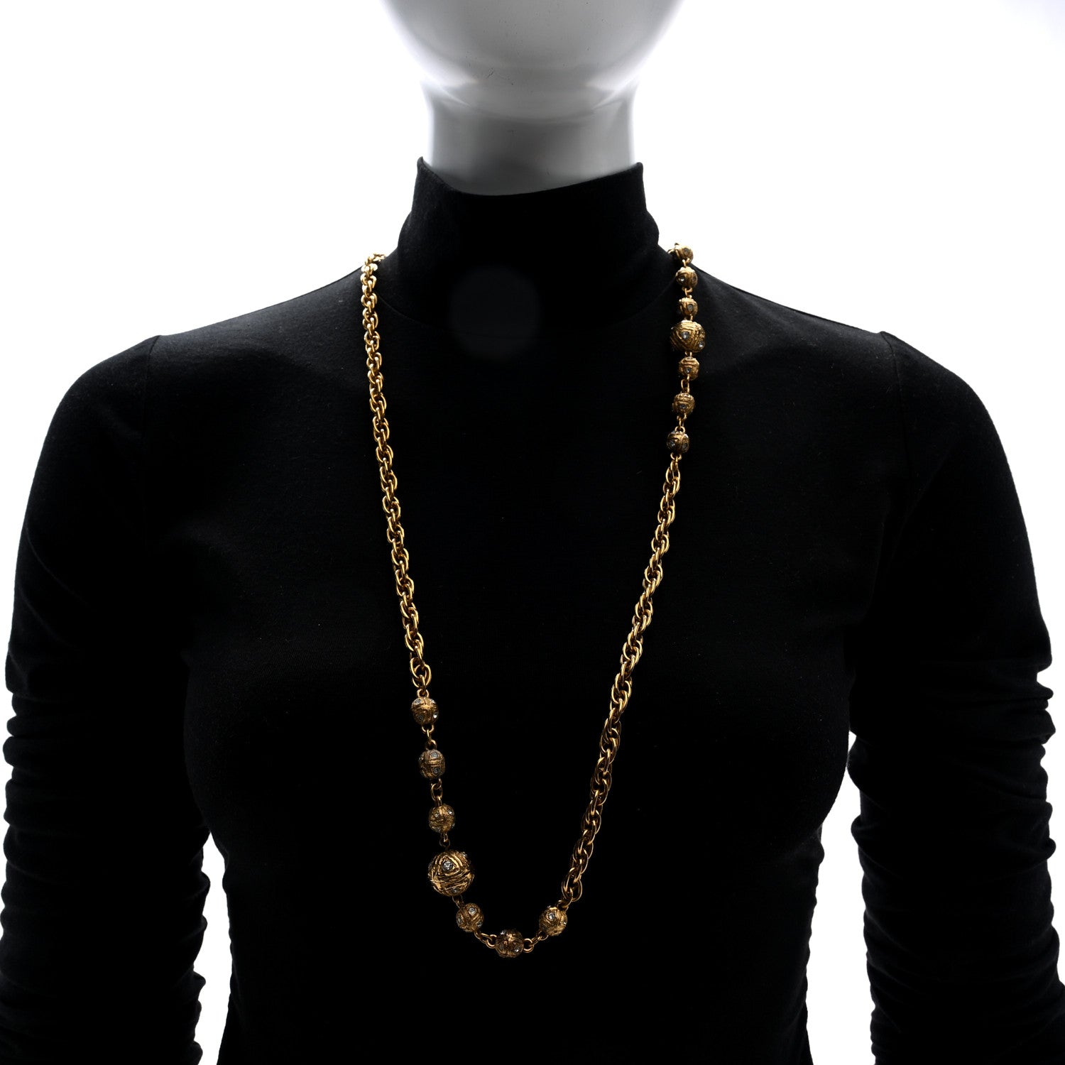 Chanel Metal Crystal CC Ball Chain Necklace Gold 2 of 4