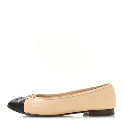 Chanel Lambskin Cap Toe CC Ballerina Flats 39.5 Beige Black 1 of 8