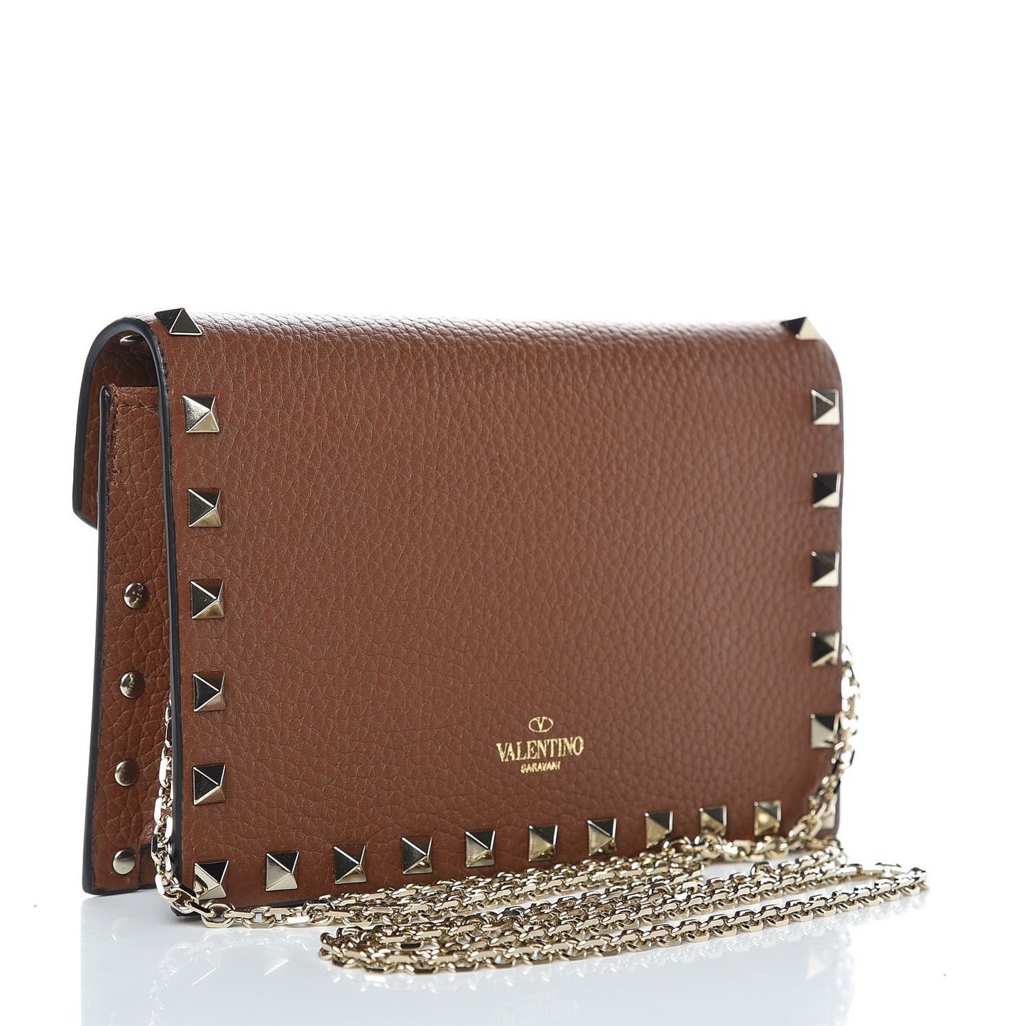 Pebbled Calfskin Rockstud Envelope Wallet on Chain Bright Cognac