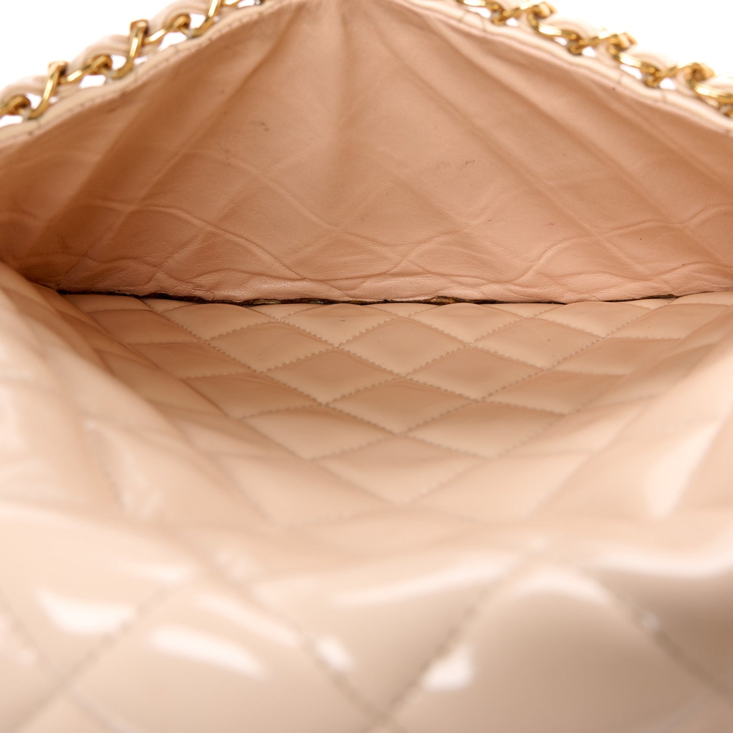 Patent Quilted Jumbo XL Chain Around Flap Beige