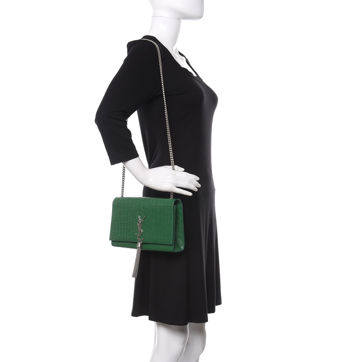 Saint Laurent Calfskin Crocodile Embossed Medium Classic Monogram Kate Tassel Satchel Green 2 of 8