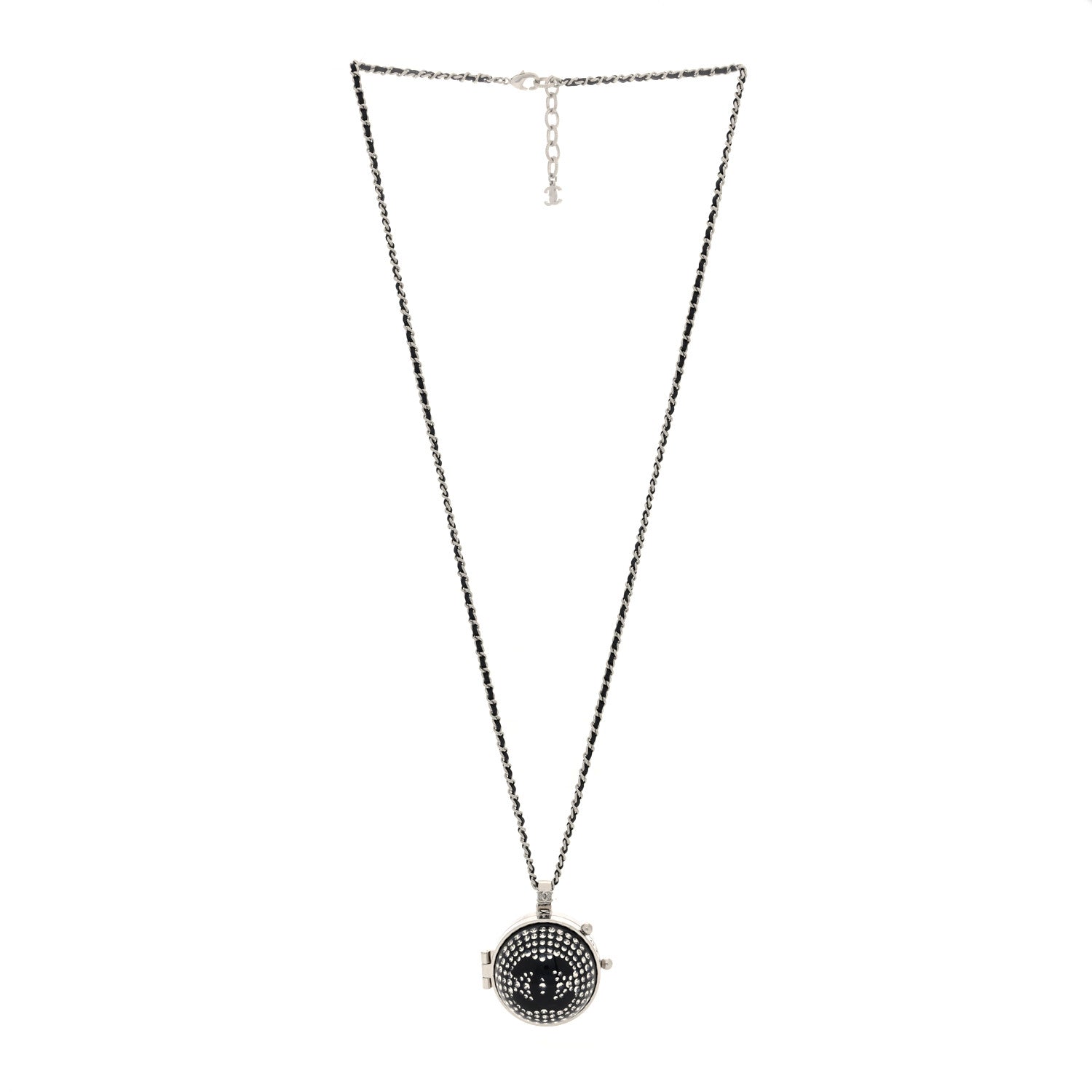 Chanel Resin Crystal Lambskin Ball Mirror Necklace Black Silver 3 of 6