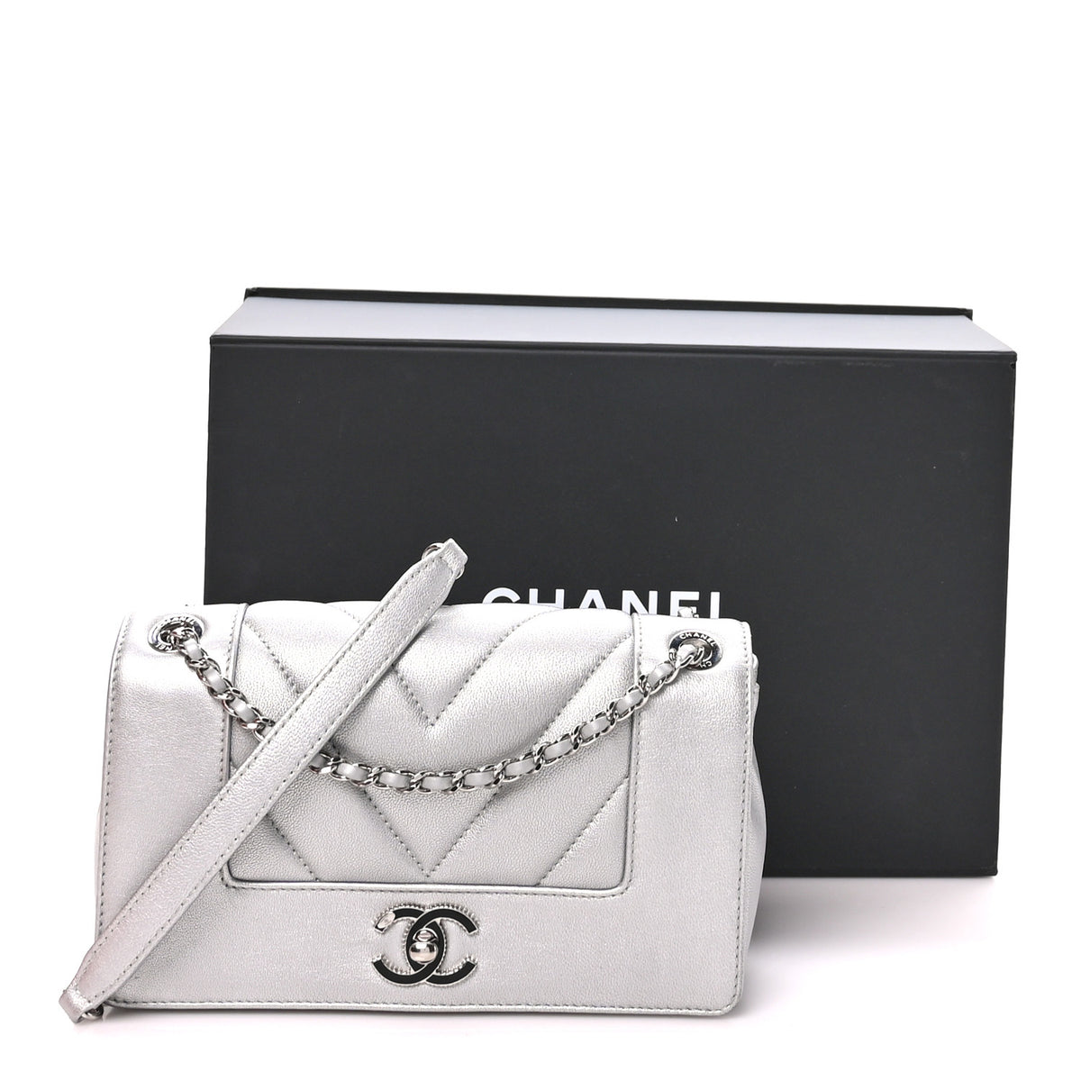 Metallic Sheepskin Chevron Quilted Small Vintage Mademoiselle Flap Silver