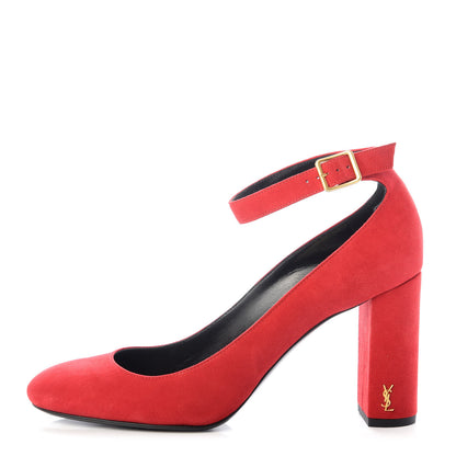 Saint Laurent Suede Loulou 70 Ankle Strap Pumps 38.5 Red 1 of 10