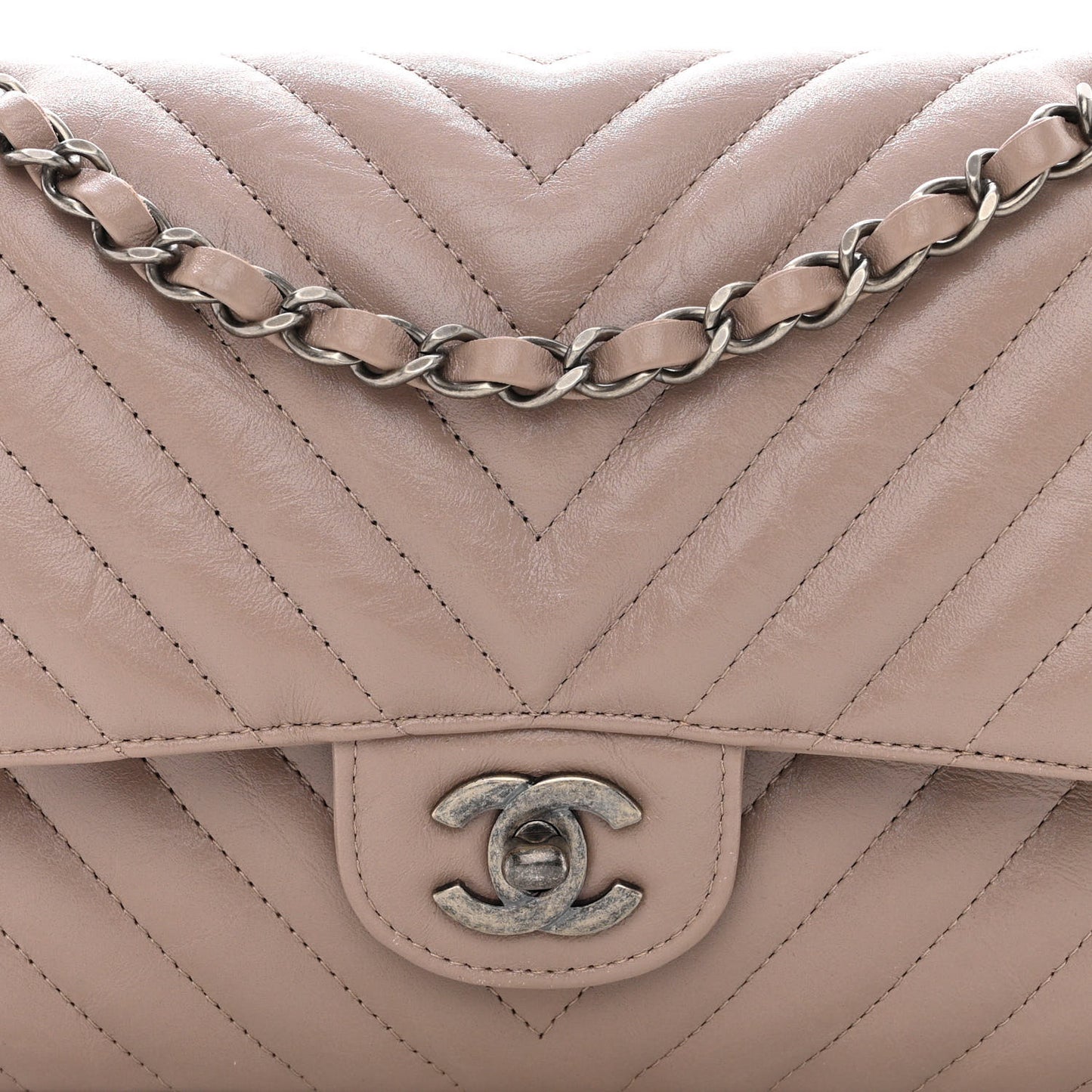 Iridescent Calfskin Chevron Quilted Medium Double Flap Grey