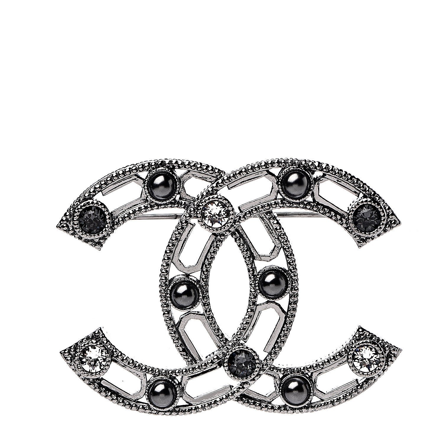 Chanel Pearl Crystal CC Brooch Silver Grey 1 of 4
