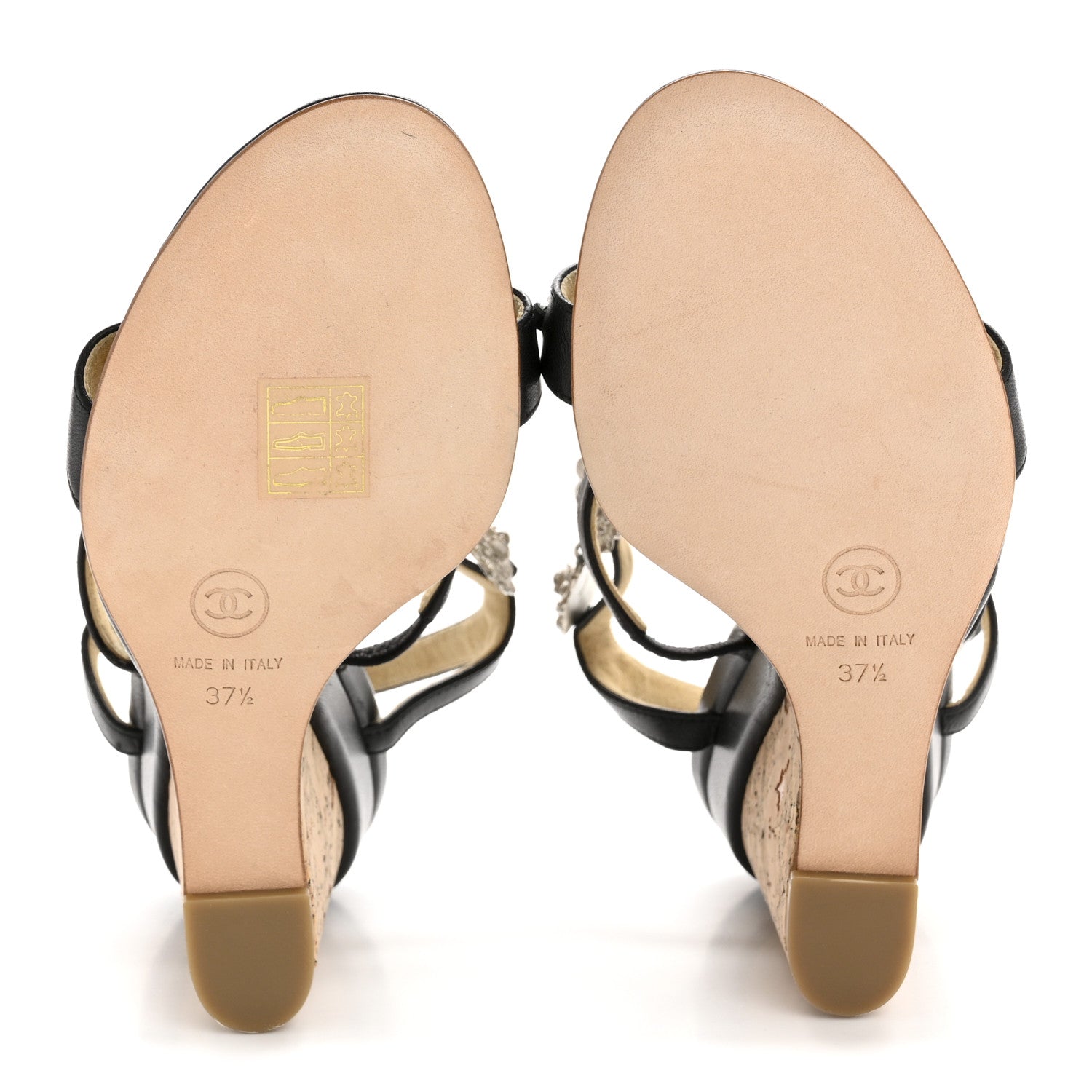 Chanel Lambskin Cork Camellia Wedge Sandals 37.5 Black 6 of 12