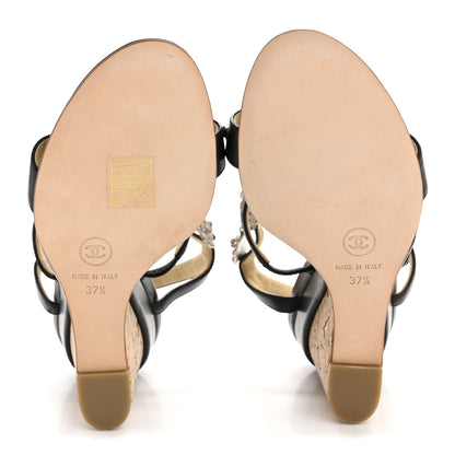 Chanel Lambskin Cork Camellia Wedge Sandals 37.5 Black 6 of 12