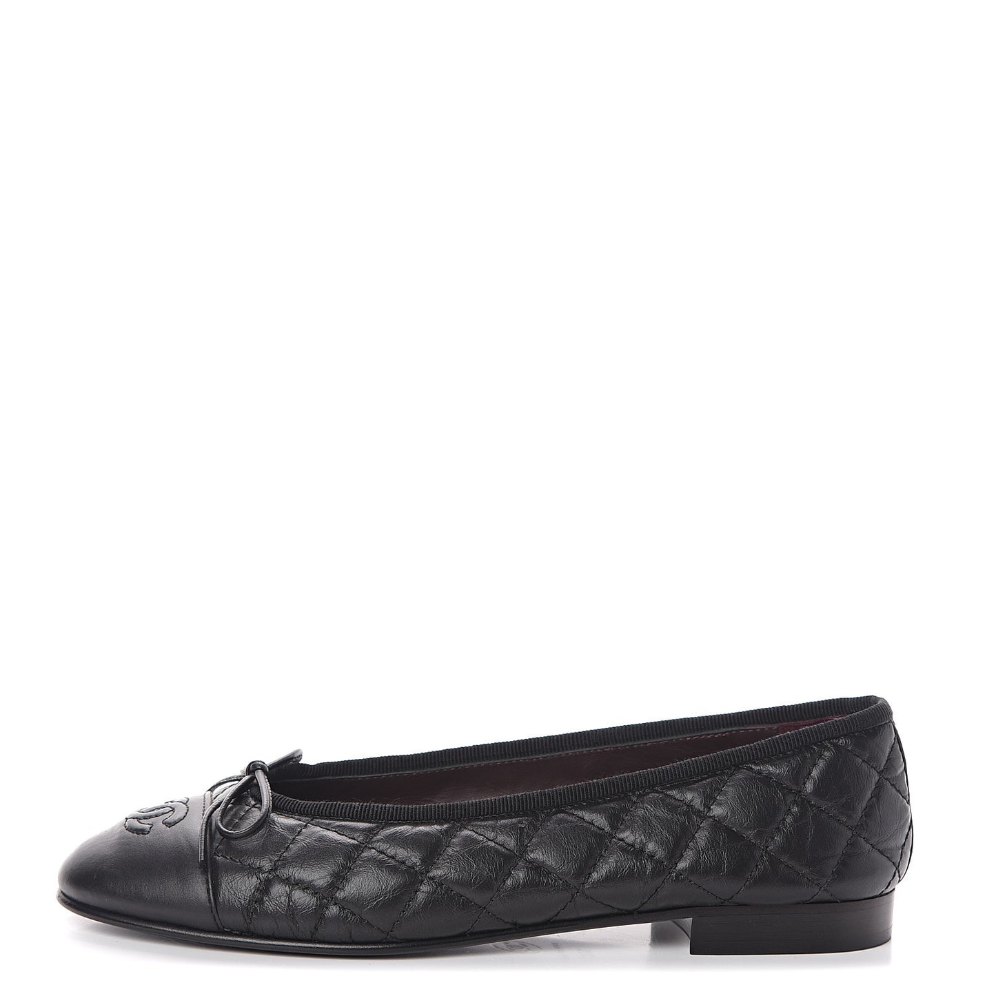 Aged Calfskin Quilted Cap Toe Ballerina Flats 37 Black