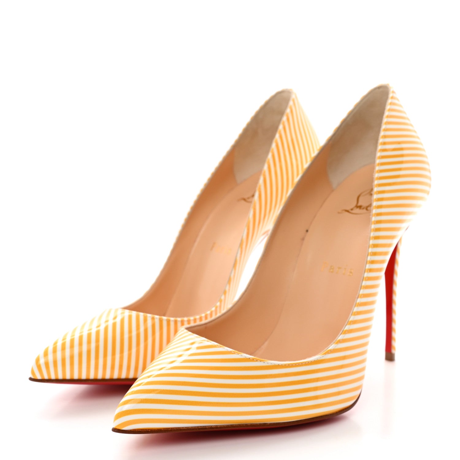 Christian Louboutin Patent Pigalle Follies Stripes 100 Pumps 38 Banana White 3 of 14