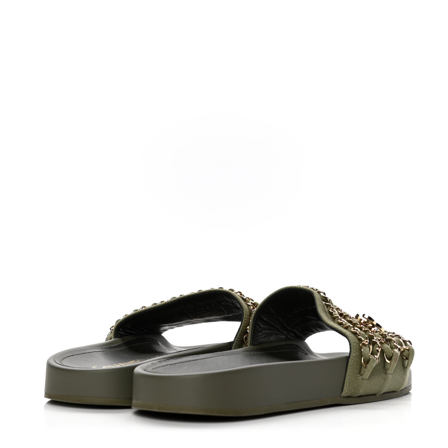 Chanel Canvas Chain Flat Sandals 38 Khaki 3 of 4