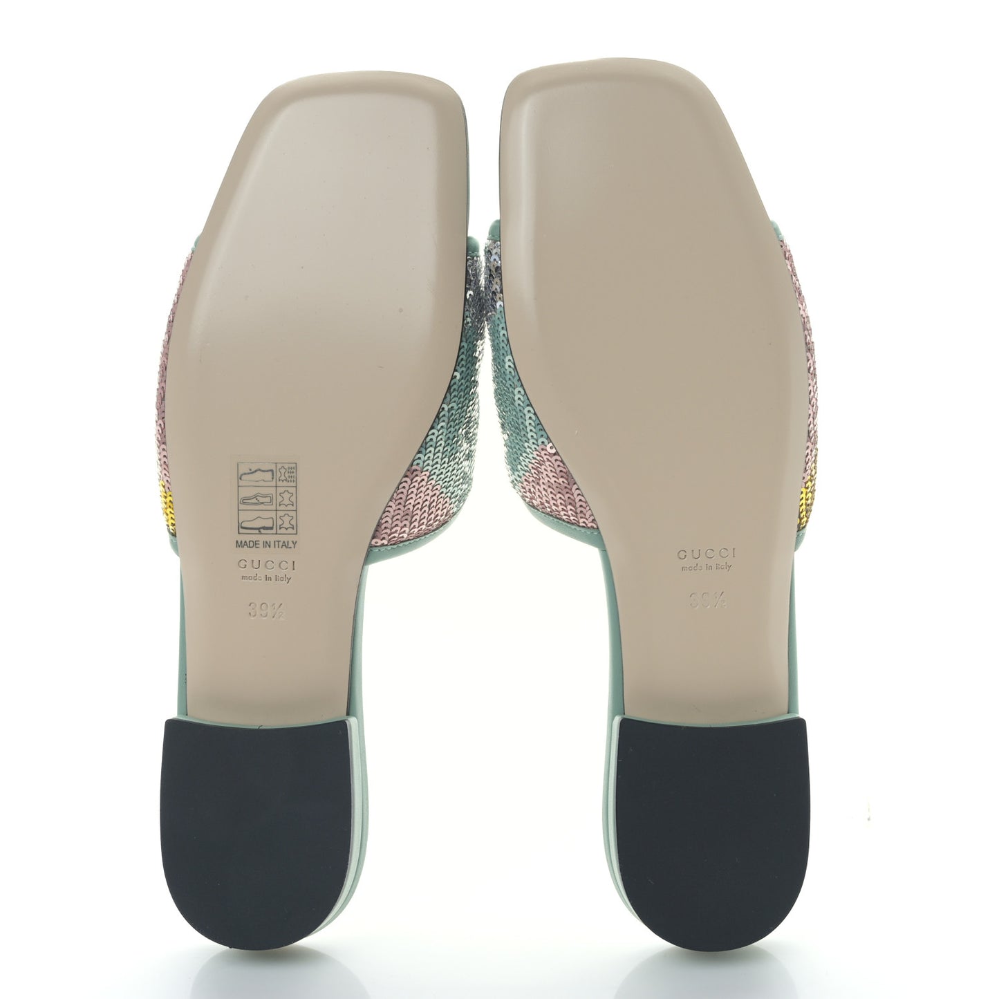 Sequin Satin Calfskin Matelasse GG Marmont Flat Slide Sandals 39.5 Grigio Argento Verde Chiaro Rosa Giallo Light Water Green