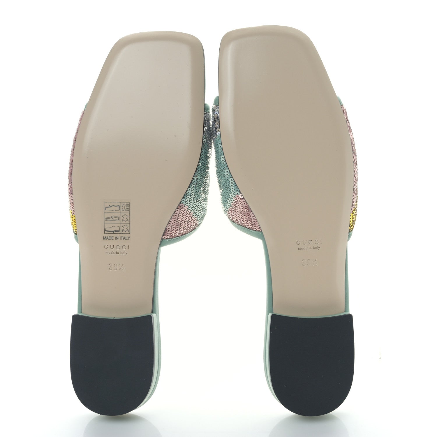 Gucci Sequin Satin Calfskin Matelasse GG Marmont Flat Slide Sandals 39.5 Grigio Argento Verde Chiaro Rosa Giallo Light Water Green 5 of 8